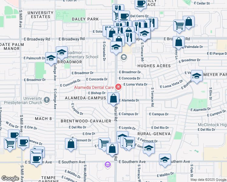map of restaurants, bars, coffee shops, grocery stores, and more near 2417 South Palm Drive in Tempe