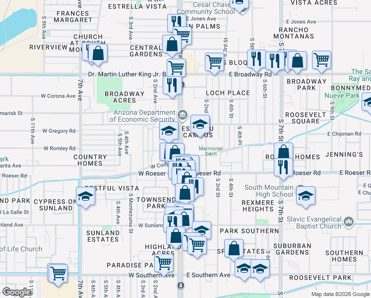 map of restaurants, bars, coffee shops, grocery stores, and more near 4823 S Central Ave in Phoenix