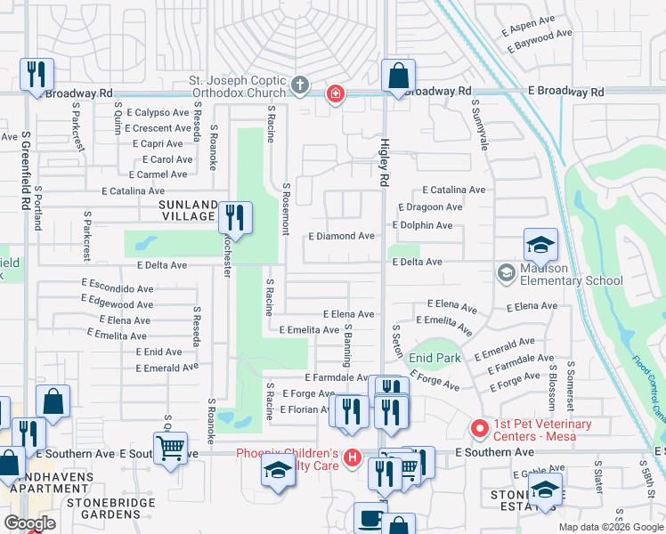 map of restaurants, bars, coffee shops, grocery stores, and more near 733 South Saint Paul Circle in Mesa