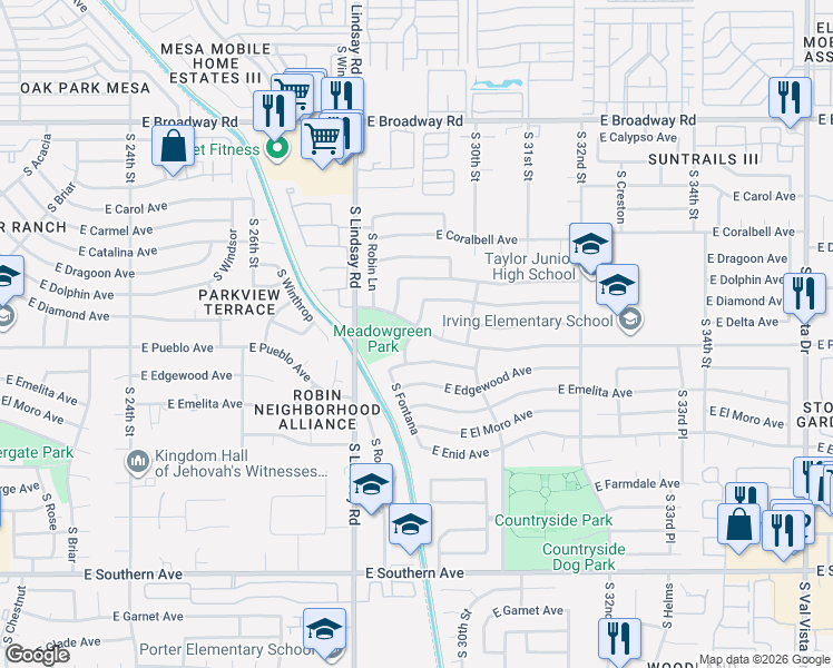 map of restaurants, bars, coffee shops, grocery stores, and more near 763 South Fontana in Mesa