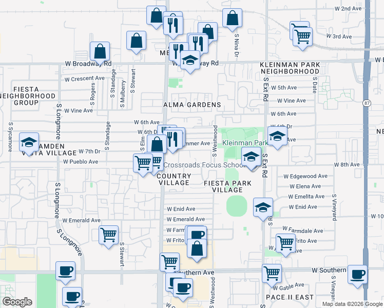 map of restaurants, bars, coffee shops, grocery stores, and more near 1109 West Drummer Avenue in Mesa