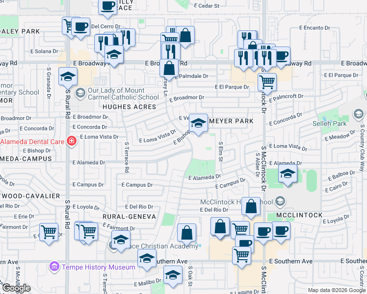 map of restaurants, bars, coffee shops, grocery stores, and more near 2515 East Bishop Drive in Tempe