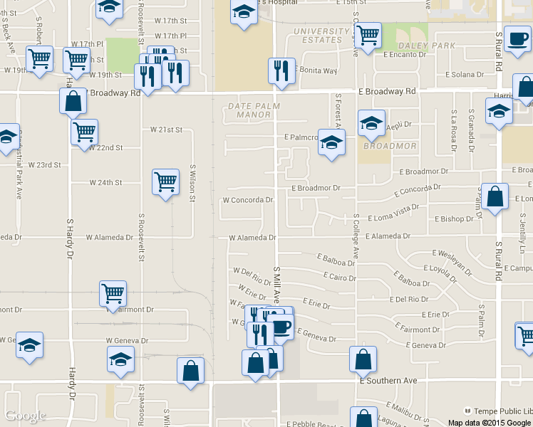 map of restaurants, bars, coffee shops, grocery stores, and more near 16 West Concorda Drive in Tempe