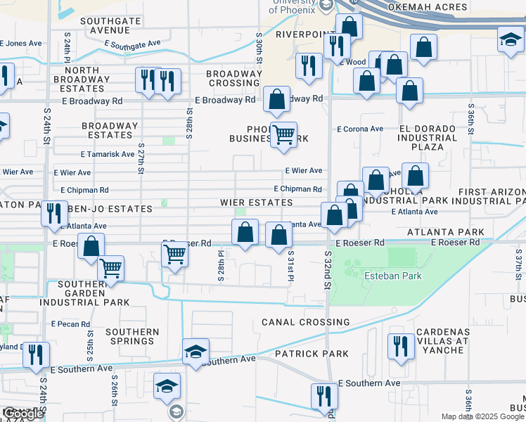 map of restaurants, bars, coffee shops, grocery stores, and more near 2929 East Chipman Road in Phoenix