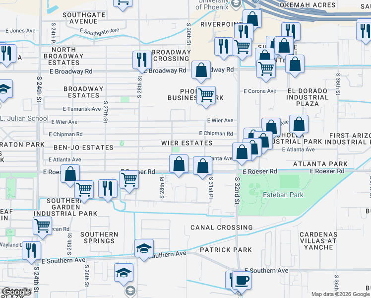 map of restaurants, bars, coffee shops, grocery stores, and more near 2929 East Chipman Road in Phoenix