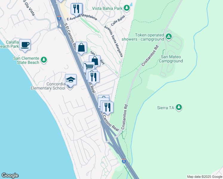 map of restaurants, bars, coffee shops, grocery stores, and more near 164 Avenida Santa Margarita in San Clemente