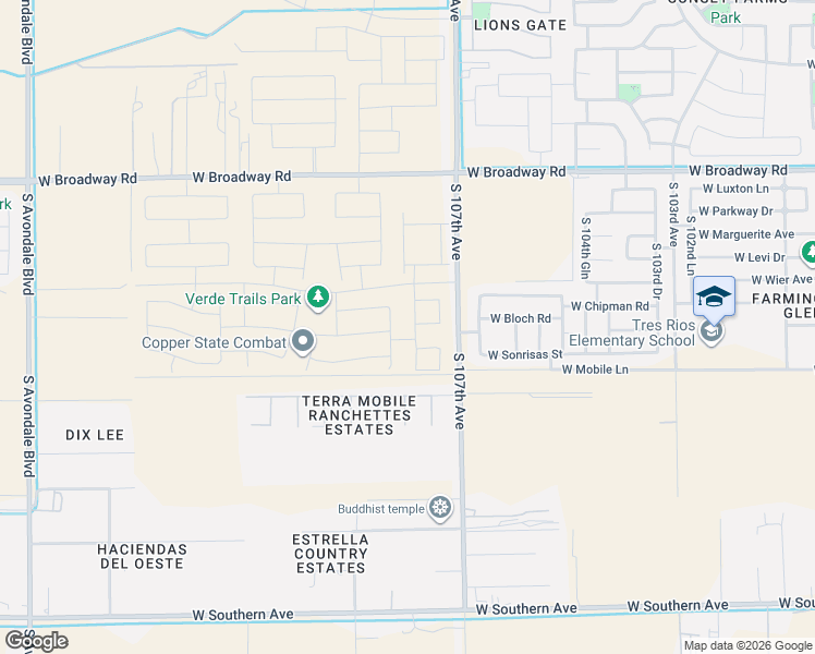 map of restaurants, bars, coffee shops, grocery stores, and more near 107th Lane in Tolleson