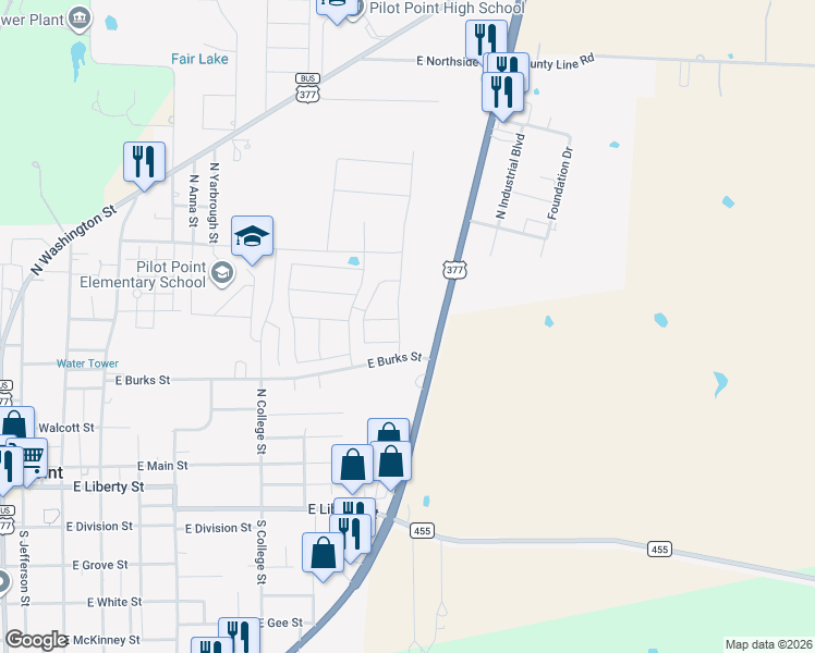 map of restaurants, bars, coffee shops, grocery stores, and more near 600 U.S. 377 in Pilot Point