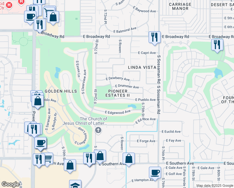 map of restaurants, bars, coffee shops, grocery stores, and more near 7311 East Drummer Avenue in Mesa