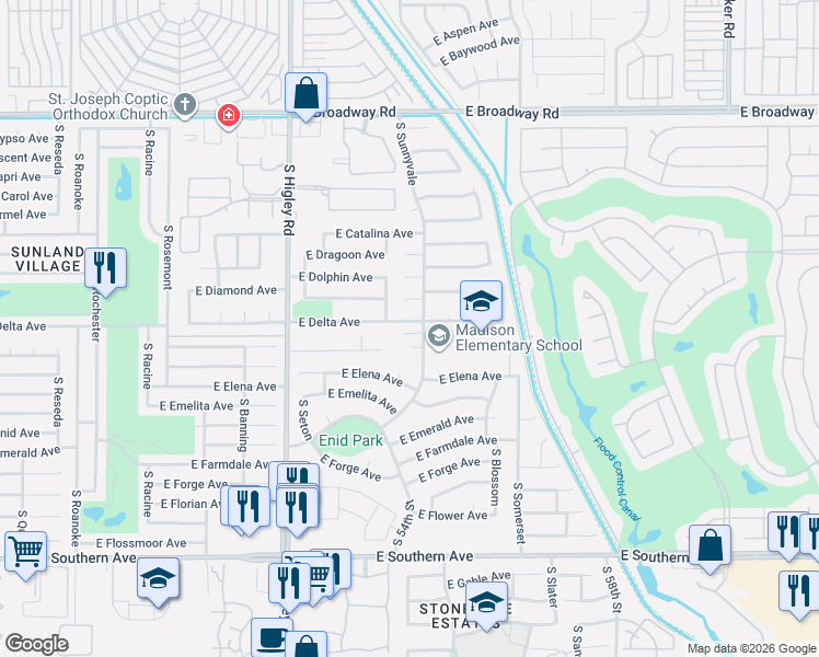 map of restaurants, bars, coffee shops, grocery stores, and more near 5419 East Delta Avenue in Mesa