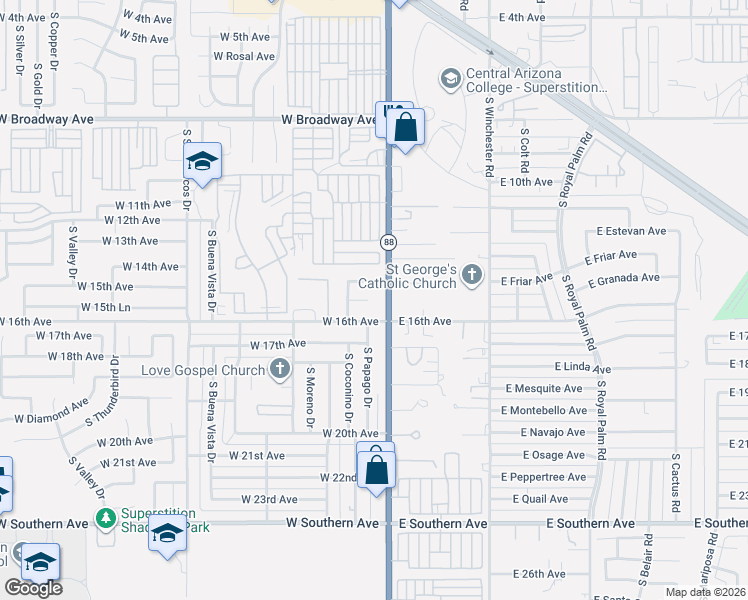 map of restaurants, bars, coffee shops, grocery stores, and more near 35 East 14th Avenue in Apache Junction
