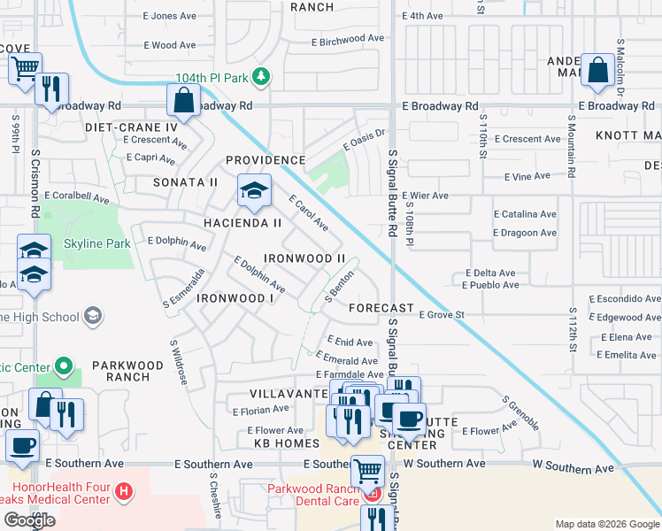 map of restaurants, bars, coffee shops, grocery stores, and more near 655 South Canfield in Mesa