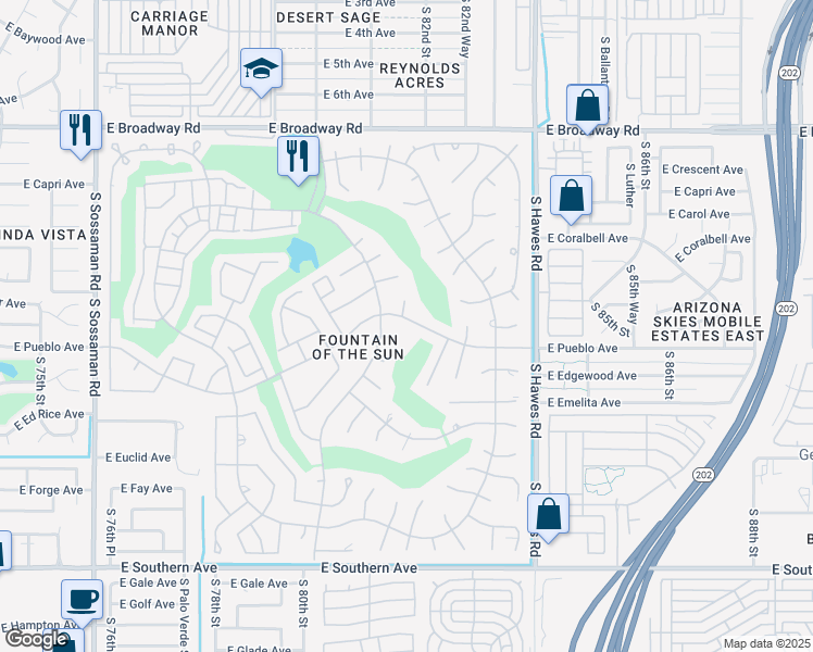 map of restaurants, bars, coffee shops, grocery stores, and more near 722 South 81st Place in Mesa