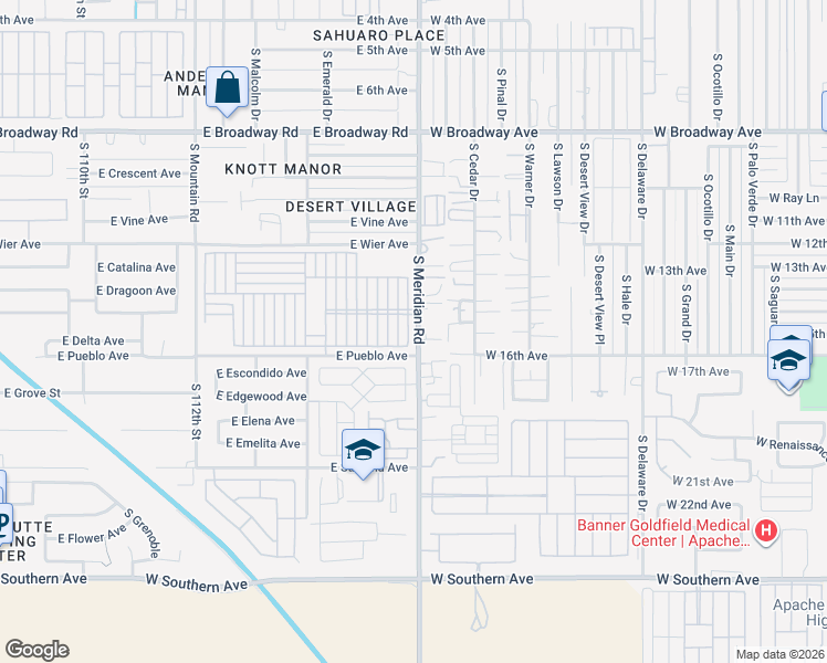 map of restaurants, bars, coffee shops, grocery stores, and more near 702 South Meridian Road in Apache Junction