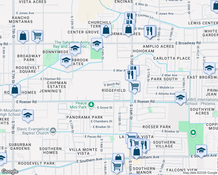 map of restaurants, bars, coffee shops, grocery stores, and more near 1442 East Bloch Road in Phoenix