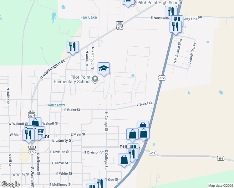 map of restaurants, bars, coffee shops, grocery stores, and more near 425 North College Street in Pilot Point