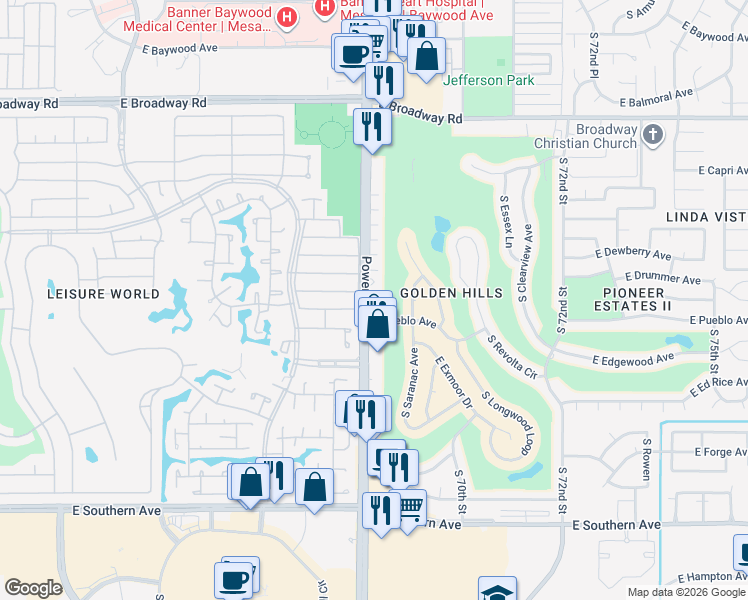 map of restaurants, bars, coffee shops, grocery stores, and more near 709 South Power Road in Mesa