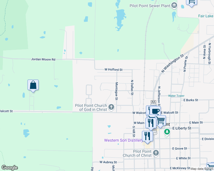 map of restaurants, bars, coffee shops, grocery stores, and more near 648 Gould Street in Pilot Point