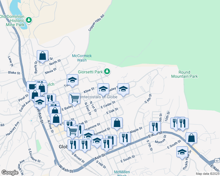 map of restaurants, bars, coffee shops, grocery stores, and more near 450 North 6th Street in Globe