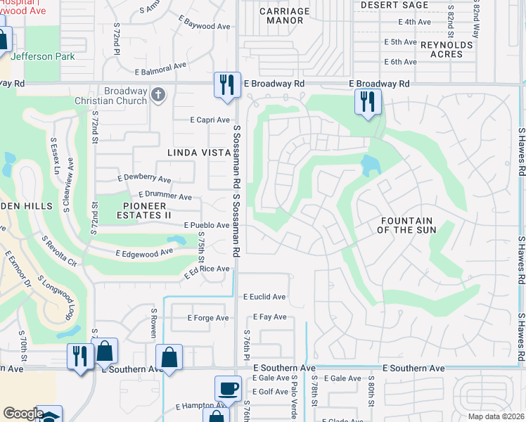map of restaurants, bars, coffee shops, grocery stores, and more near 730 South 77th Street in Mesa