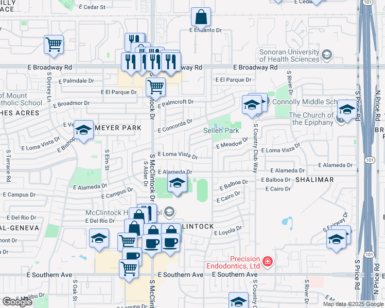 map of restaurants, bars, coffee shops, grocery stores, and more near 2442 South Taylor Drive in Tempe