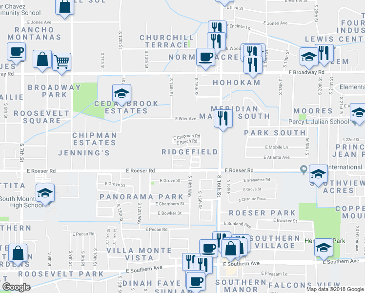 map of restaurants, bars, coffee shops, grocery stores, and more near 1442 East Bloch Road in Phoenix