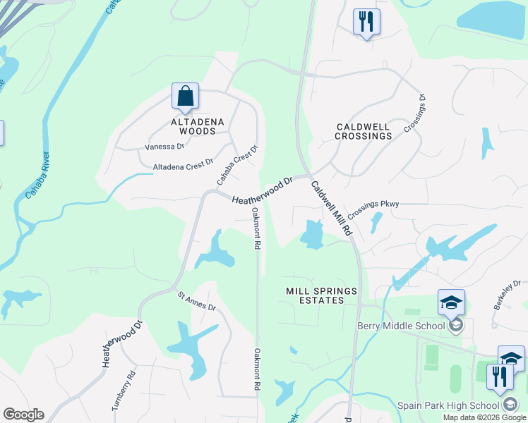 map of restaurants, bars, coffee shops, grocery stores, and more near 776 Heatherwood Drive in Hoover