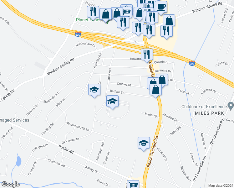 map of restaurants, bars, coffee shops, grocery stores, and more near 2140 Balfour Street in Augusta