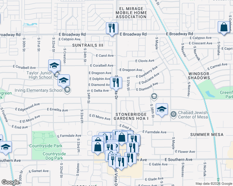 map of restaurants, bars, coffee shops, grocery stores, and more near 798 South 35th Place in Mesa
