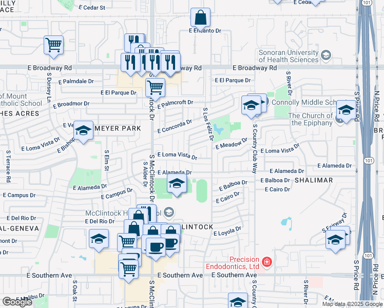 map of restaurants, bars, coffee shops, grocery stores, and more near 2442 South Taylor Drive in Tempe