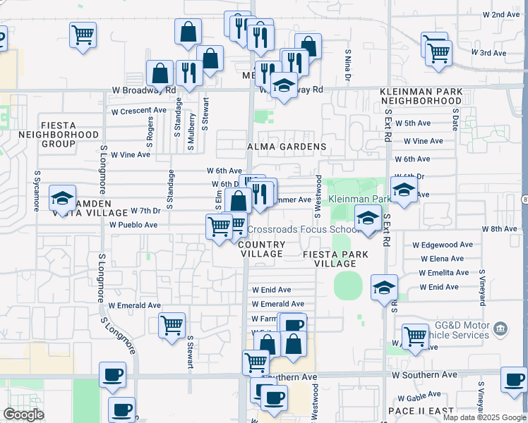 map of restaurants, bars, coffee shops, grocery stores, and more near 1155 West Drummer Avenue in Mesa