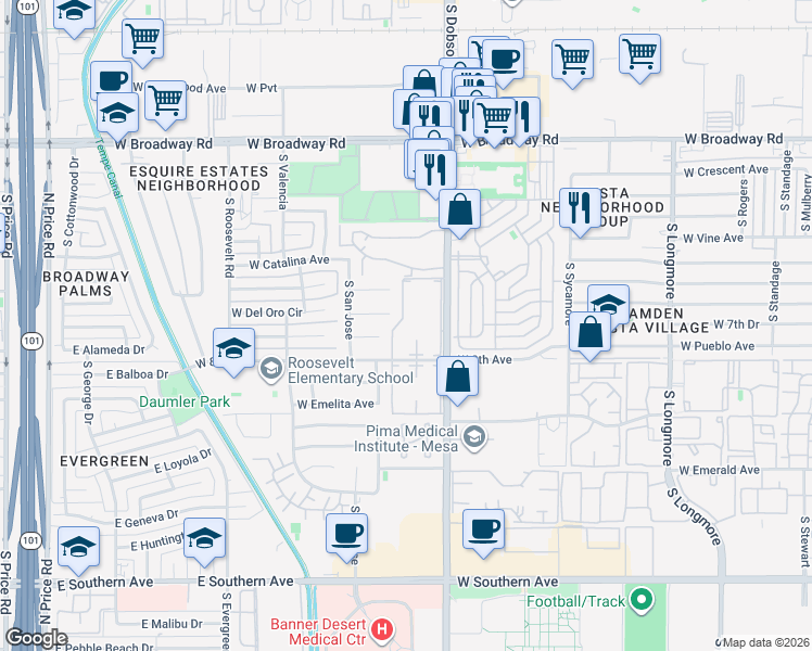 map of restaurants, bars, coffee shops, grocery stores, and more near 2106 West Del Oro Circle in Mesa