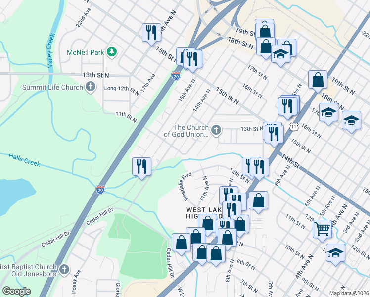 map of restaurants, bars, coffee shops, grocery stores, and more near 1124 13th Avenue North in Bessemer