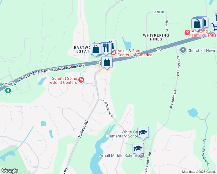 map of restaurants, bars, coffee shops, grocery stores, and more near 75 Glenridge Drive in Newnan