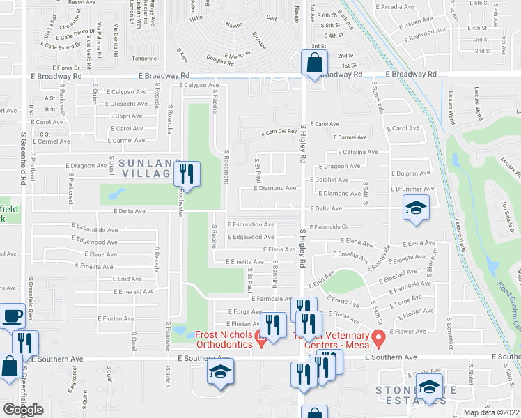 map of restaurants, bars, coffee shops, grocery stores, and more near 1449 South Saint Paul Circle in Mesa