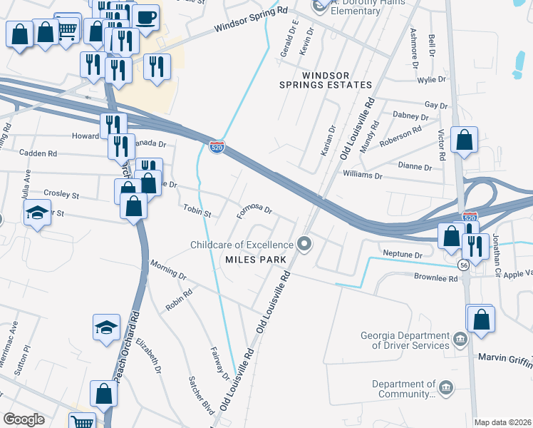 map of restaurants, bars, coffee shops, grocery stores, and more near 1811 Formosa Drive in Augusta