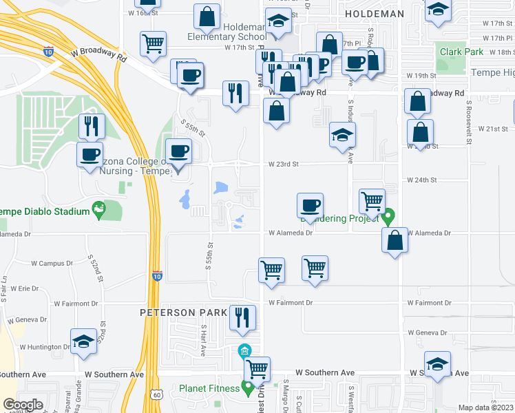 map of restaurants, bars, coffee shops, grocery stores, and more near 2520 South Priest Drive in Tempe