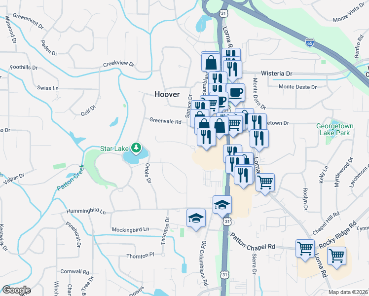 map of restaurants, bars, coffee shops, grocery stores, and more near 1850 Valgreen Lane in Hoover