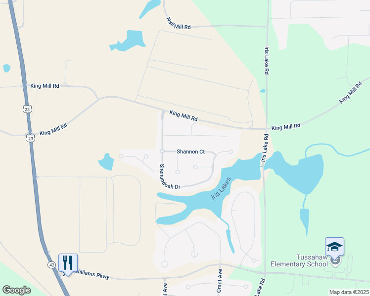 map of restaurants, bars, coffee shops, grocery stores, and more near 321 Shannon Court in McDonough