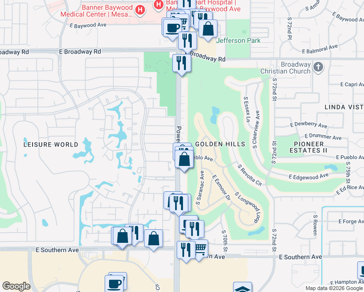 map of restaurants, bars, coffee shops, grocery stores, and more near 709 South Power Road in Mesa