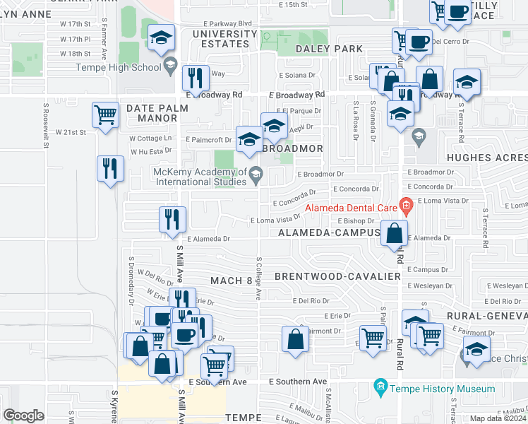 map of restaurants, bars, coffee shops, grocery stores, and more near 2415 South College Avenue in Tempe