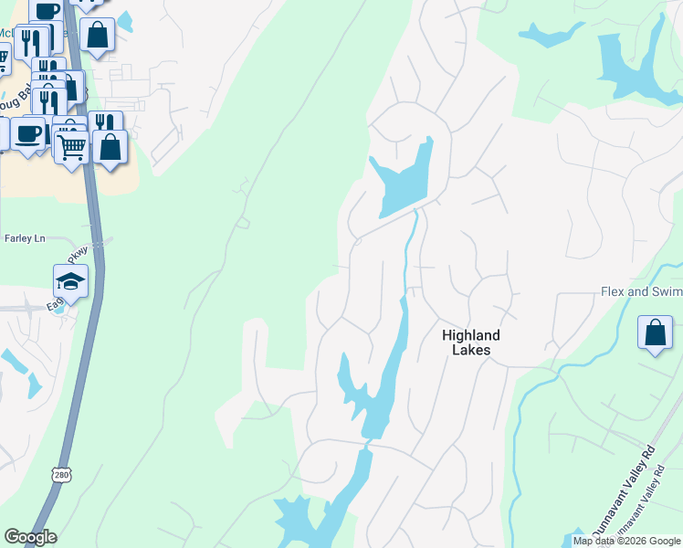map of restaurants, bars, coffee shops, grocery stores, and more near 1319 Highland Lakes Trail in Birmingham