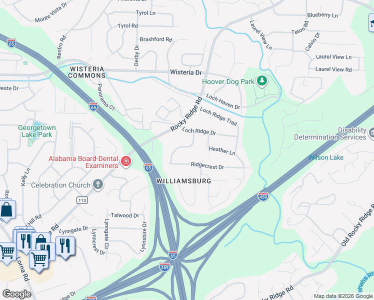 map of restaurants, bars, coffee shops, grocery stores, and more near 3428 Meadow Woods Drive in Hoover