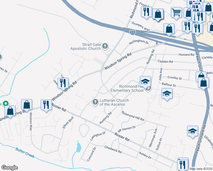 map of restaurants, bars, coffee shops, grocery stores, and more near 2240 Cadden Rd in Augusta