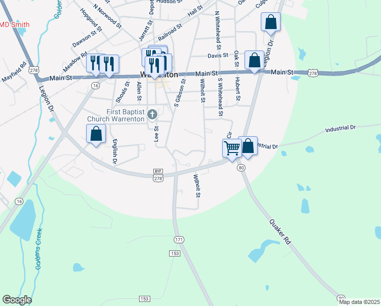map of restaurants, bars, coffee shops, grocery stores, and more near 121-137 Parkway Drive in Warrenton