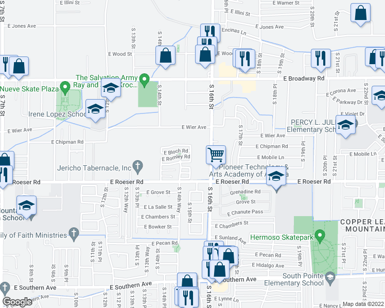 map of restaurants, bars, coffee shops, grocery stores, and more near 4925 South 15th Place in Phoenix
