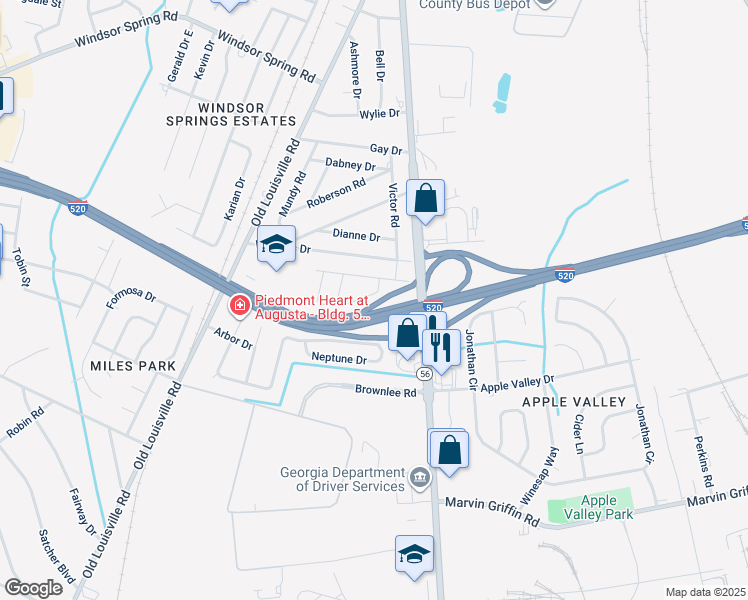 map of restaurants, bars, coffee shops, grocery stores, and more near 3408 Gary Circle in Augusta