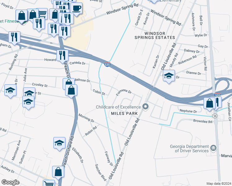 map of restaurants, bars, coffee shops, grocery stores, and more near 1825 Formosa Drive in Augusta