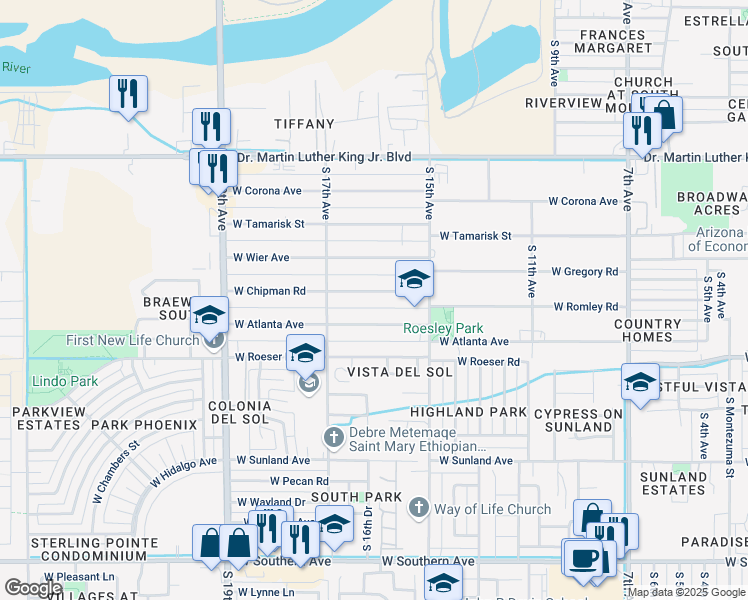 map of restaurants, bars, coffee shops, grocery stores, and more near 1620 West Chipman Road in Phoenix