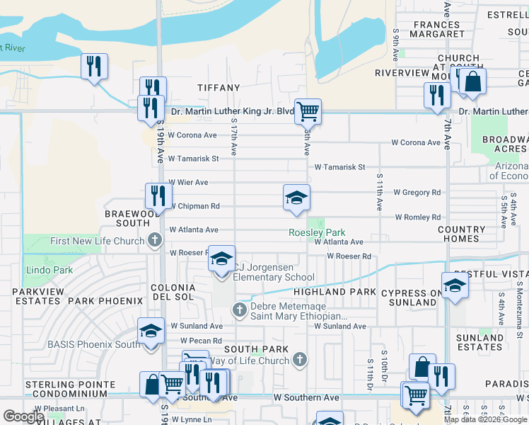 map of restaurants, bars, coffee shops, grocery stores, and more near 1620 West Chipman Road in Phoenix